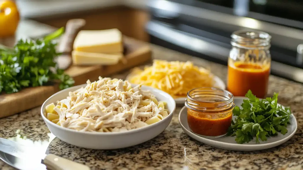 Prepped ingredients for Buffalo Chicken Pasta Bake including pasta, shredded chicken, and sauces.