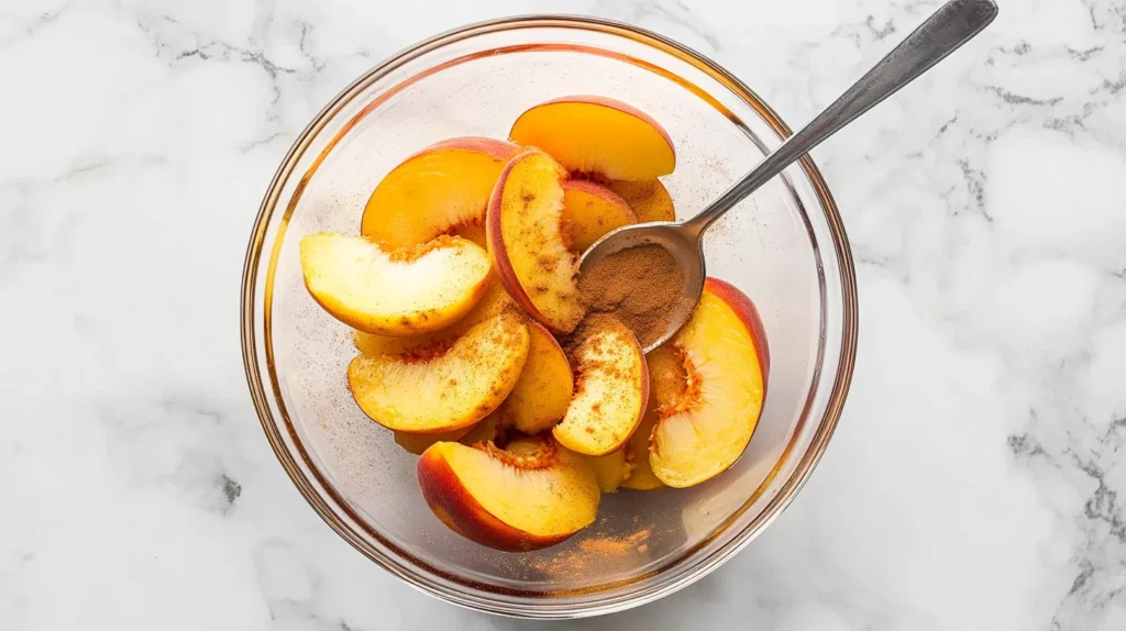 Fresh peach slices tossed with sugar, cinnamon, and lemon juice in a glass mixing bowl.