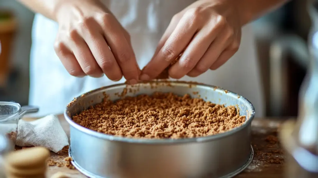 Hands pressing graham cracker crust into a springform pan for no bake chocolate cheesecake.