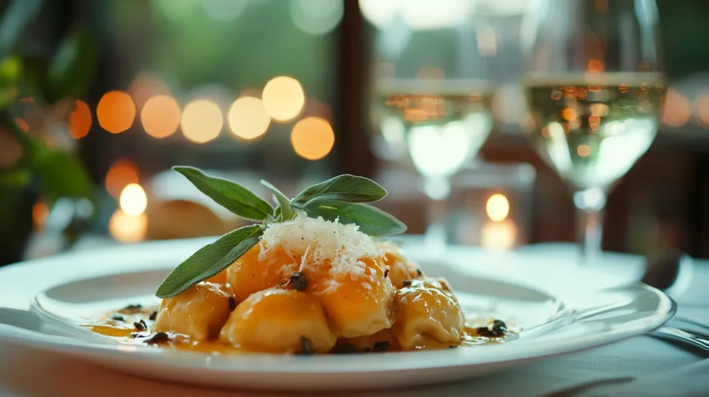 Butternut squash ravioli plated with sauce and garnishes