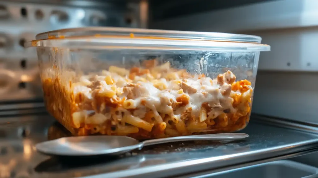 Leftover Buffalo Chicken Pasta Bake stored in a glass container in the fridge.