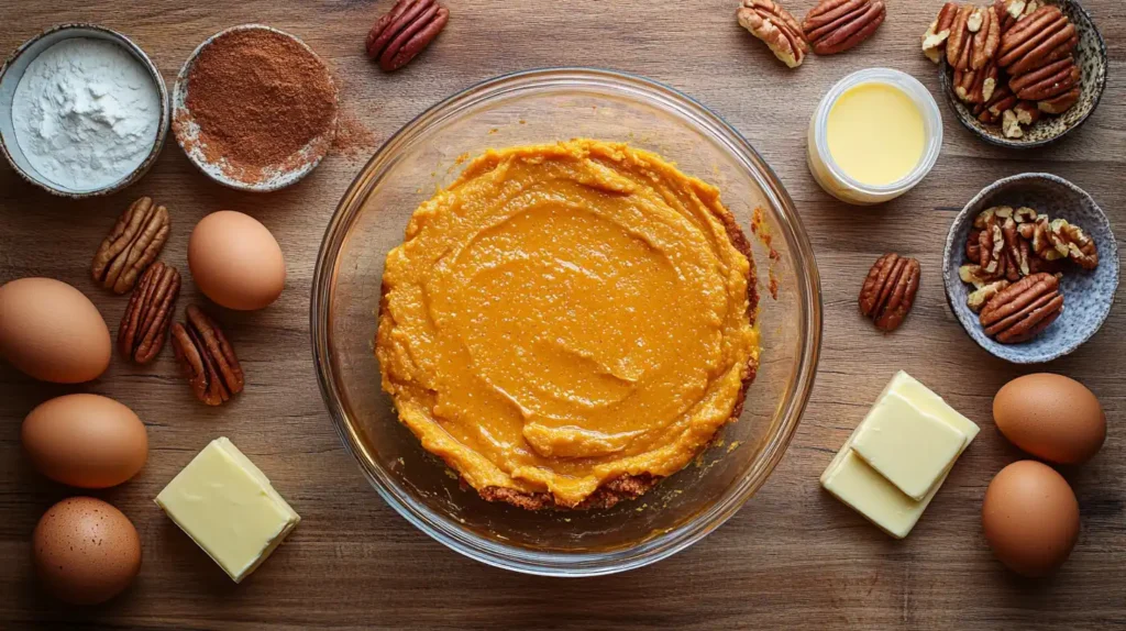 Ingredients for Pumpkin Dump Cake neatly displayed on a kitchen counter