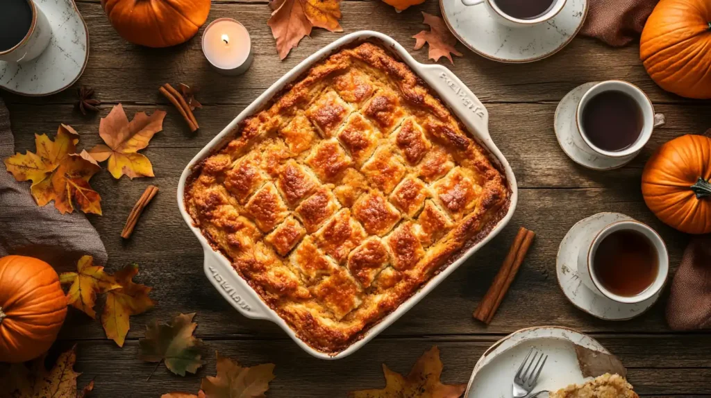 Pumpkin Dump Cake served on a dessert table with fall decorations