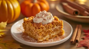 Pumpkin Dump Cake served on a white plate with whipped cream and cinnamon