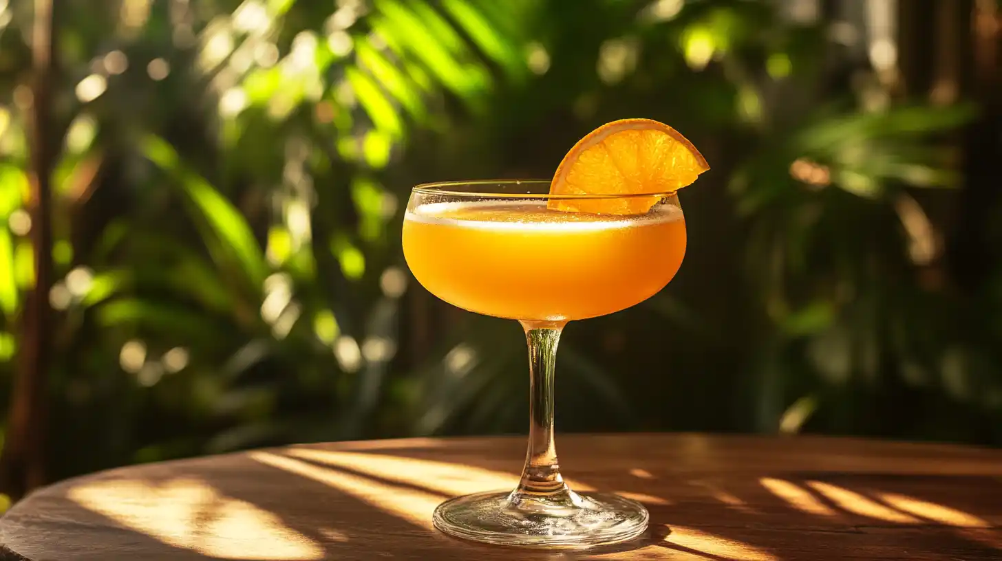 Glass of cortisol cocktail on a wooden table with orange slice garnish