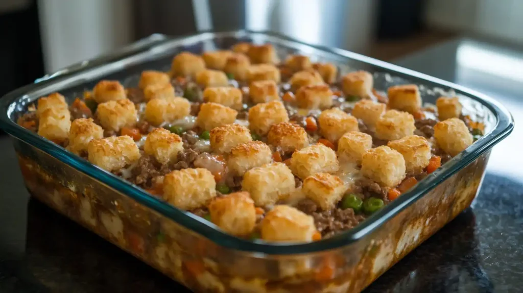 An assembled hotdish ready to bake, with layers of creamy filling, vegetables, ground beef, and neatly arranged tater tots.