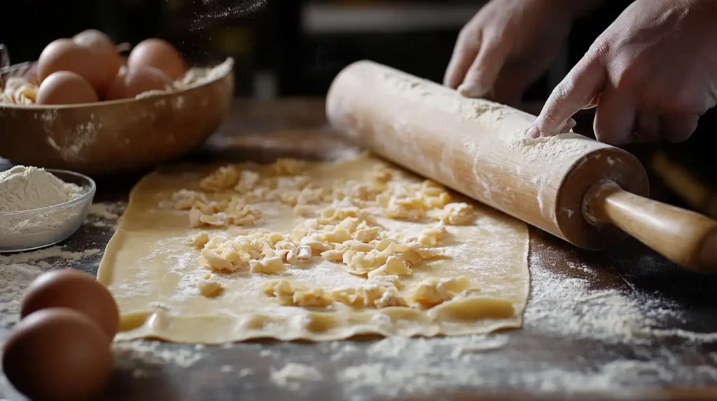 Fresh pasta dough rolled out on a wooden countertop with ingredients.