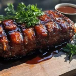 Smoked meatloaf resting on a wooden board with BBQ glaze and parsley