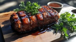 Smoked meatloaf resting on a wooden board with BBQ glaze and parsley