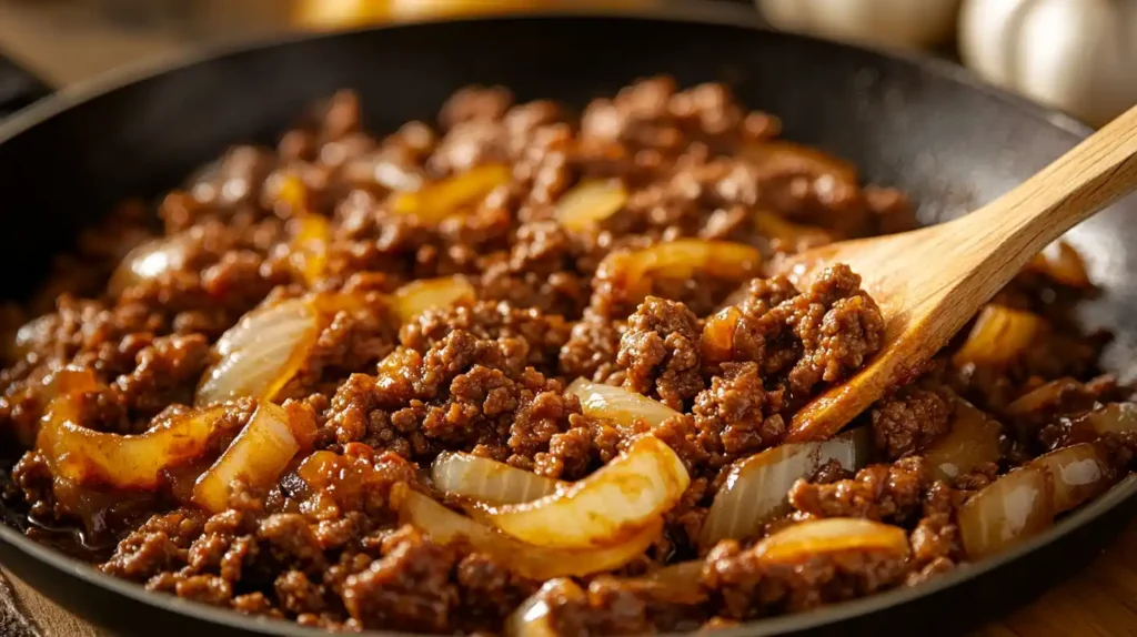 Ground beef and onions being sautéed in a skillet for the Hamburger Cabbage Recipe.