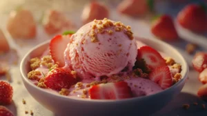 A creamy scoop of strawberry cheesecake ice cream with fresh strawberries and graham cracker crumbs.