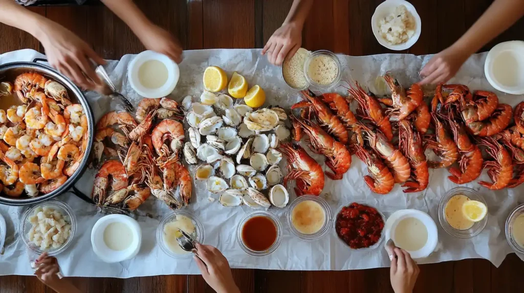 Family-style seafood boil feast with ramekins of sauce.