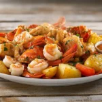 Seafood boil platter with buttery sauce and side dish.