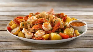 Seafood boil platter with buttery sauce and side dish.