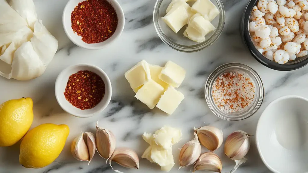 Ingredients for seafood boil sauce laid out on a countertop.