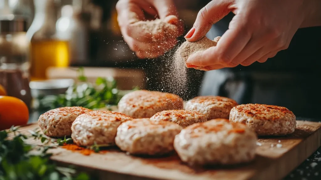 Seasoning turkey patties with spices on a cutting board.