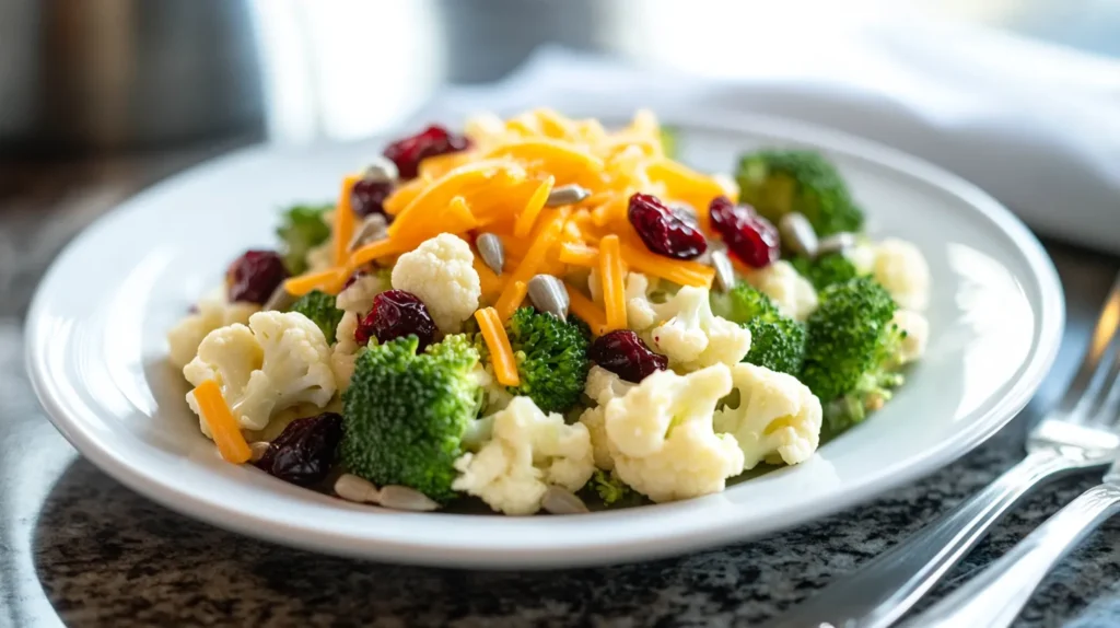 A serving of broccoli cauliflower salad on a white plate.