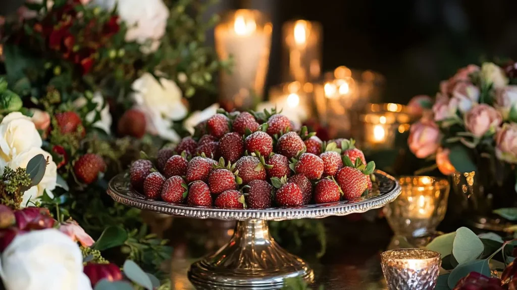 A beautifully arranged platter of carob covered strawberries on a dessert table