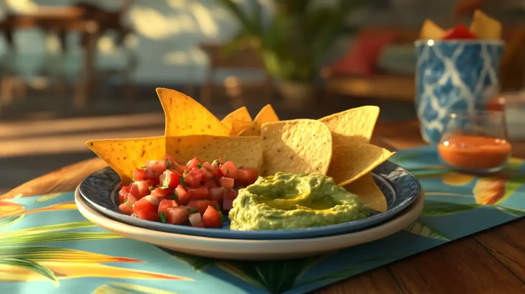 Chips served with guacamole, hummus, and salsa on a vibrant table