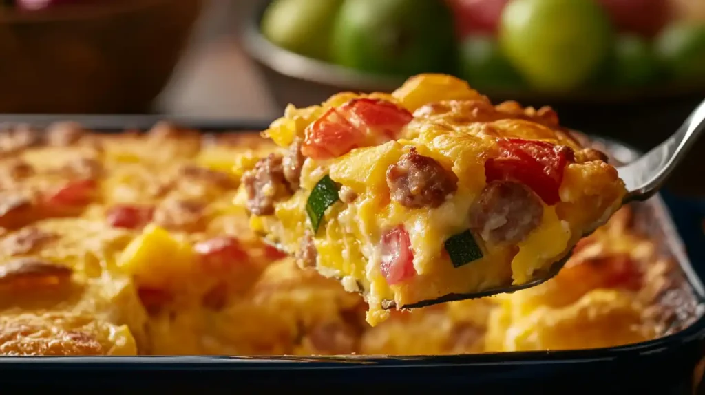 Close-up of a slice of gluten-free breakfast casserole on a spatula.