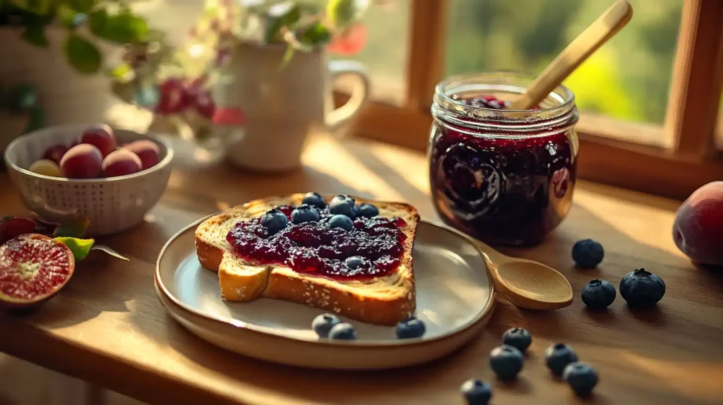 Toast with blueberry preserves, coffee, and fresh fruit on a breakfast table.