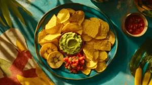 Plantain chips served with guacamole, salsa, and hummus