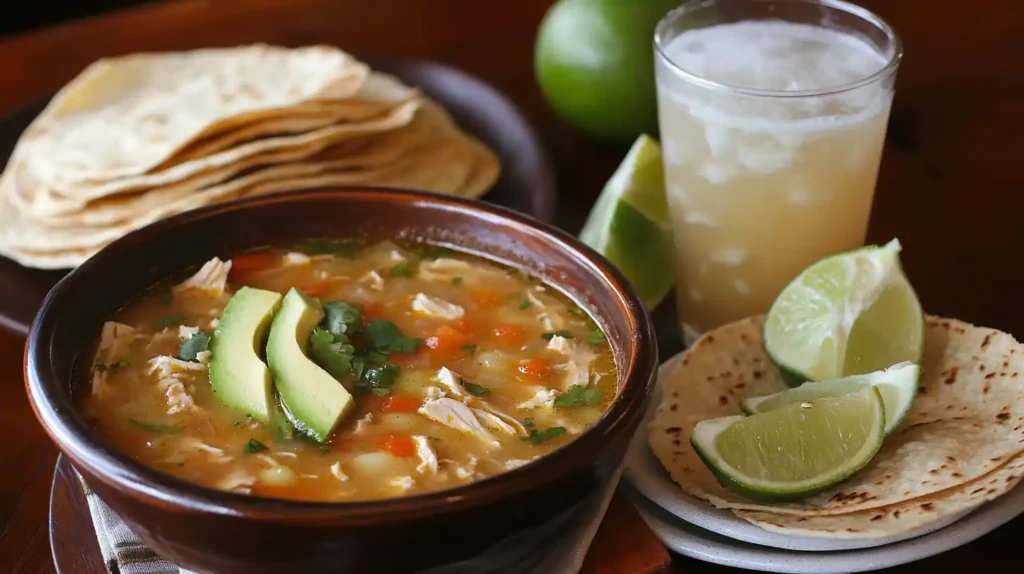 A table set with a bowl of Mexican chicken soup, warm tortillas, and garnishes.