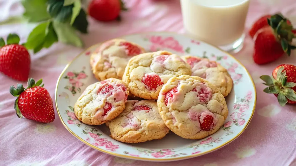 Strawberry cheesecake cookies served with a glass of milk.