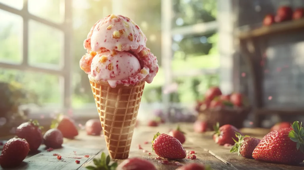 A serving of strawberry cheesecake ice cream in a cone with fresh strawberries on the side.