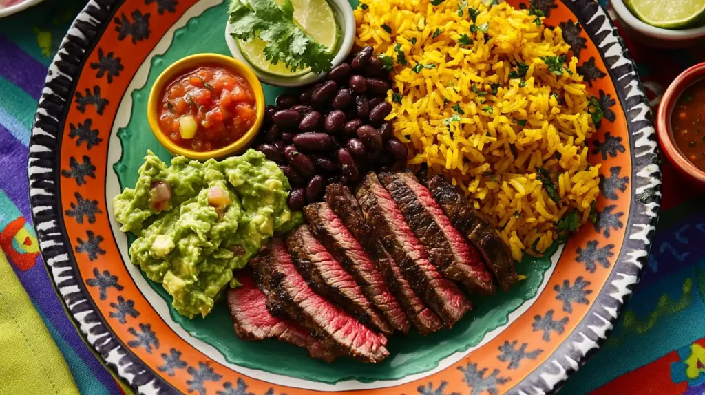 Sliced Chipotle steak served with guacamole, rice, and beans on a festive plate.