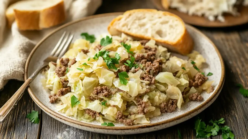 A plated serving of Hamburger Cabbage Recipe, garnished with fresh parsley, next to a slice of crusty bread.