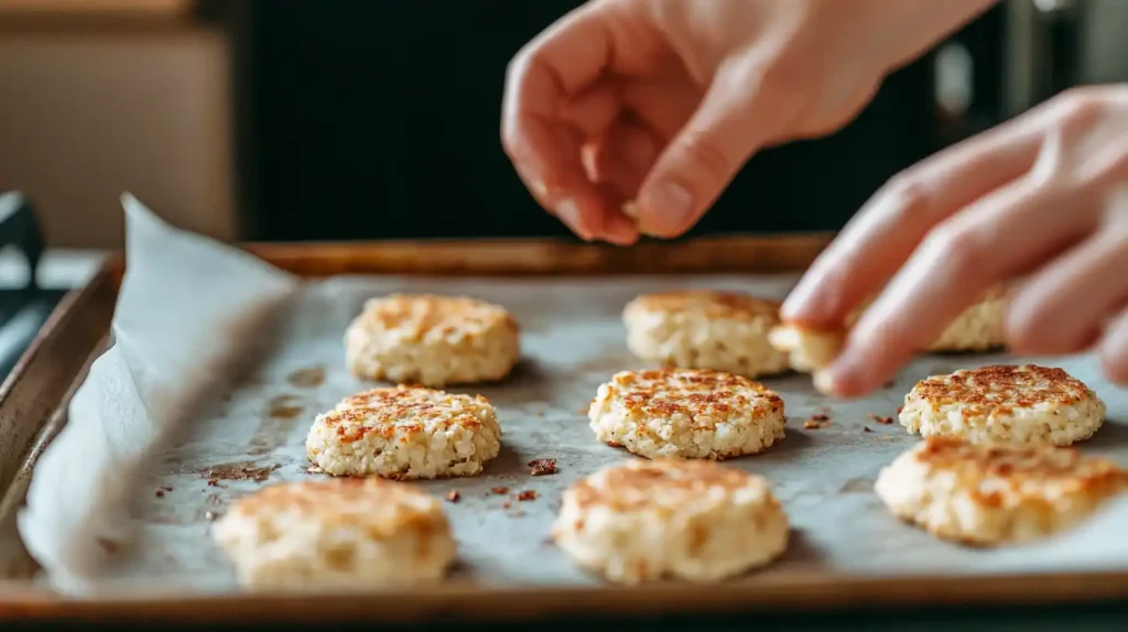 Cauliflower mixture being shaped into patties on a parchment-lined tray.