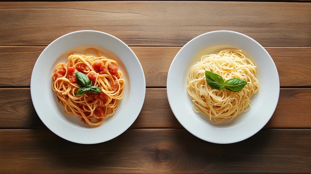 A comparison of traditional pasta and a low-calorie alternative on plates.