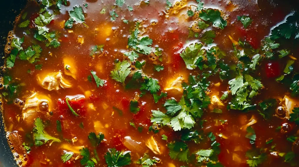 A pot of simmering Mexican chicken soup with chicken, vegetables, and herbs.