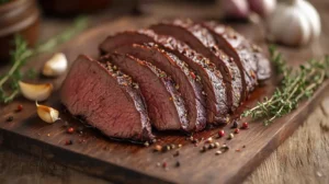 Freshly prepared beef heart slices with seasoning on a rustic wooden cutting board