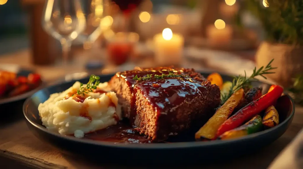 A slice of smoked meatloaf served with mashed potatoes and grilled vegetables