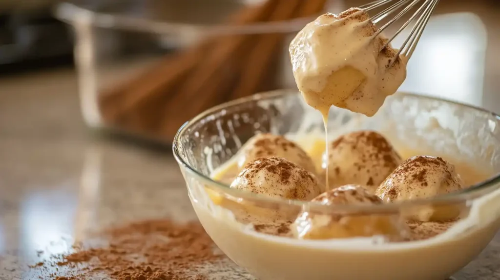 Hawaiian rolls being soaked in a cinnamon-vanilla egg custard in a large bowl.