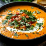 Spicy chipotle queso garnished with peppers and cilantro.