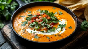 Spicy chipotle queso garnished with peppers and cilantro.