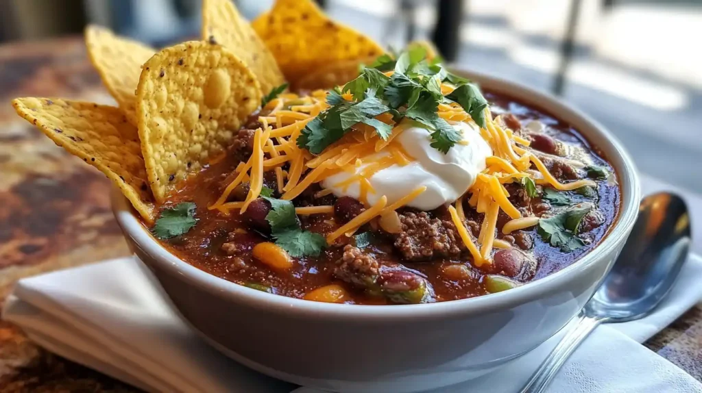 A beautifully plated bowl of steak and beef chili topped with sour cream, cheese, and tortilla chips.