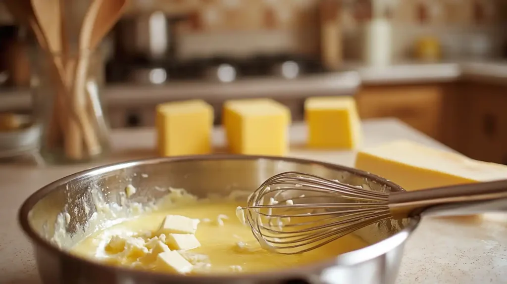 Butter melting in a saucepan with cheese on a counter.