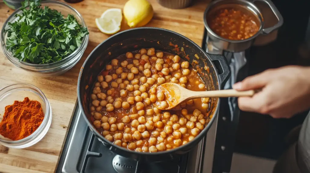 A sequence of images illustrating each step of making traditional Çeciir, from soaking chickpeas to sautéing aromatics, adding spices, simmering, and garnishing before serving.