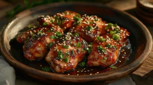 A glossy plate of sticky chicken garnished with sesame seeds and green onions.