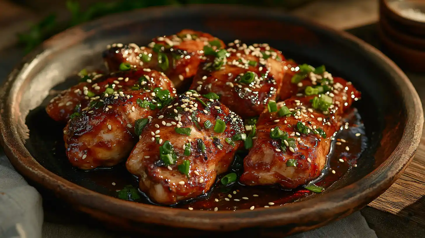 A glossy plate of sticky chicken garnished with sesame seeds and green onions.