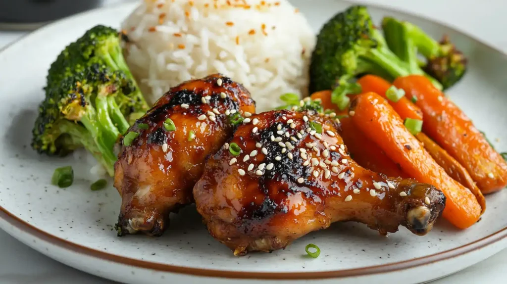 Sticky chicken served with jasmine rice and roasted vegetables.