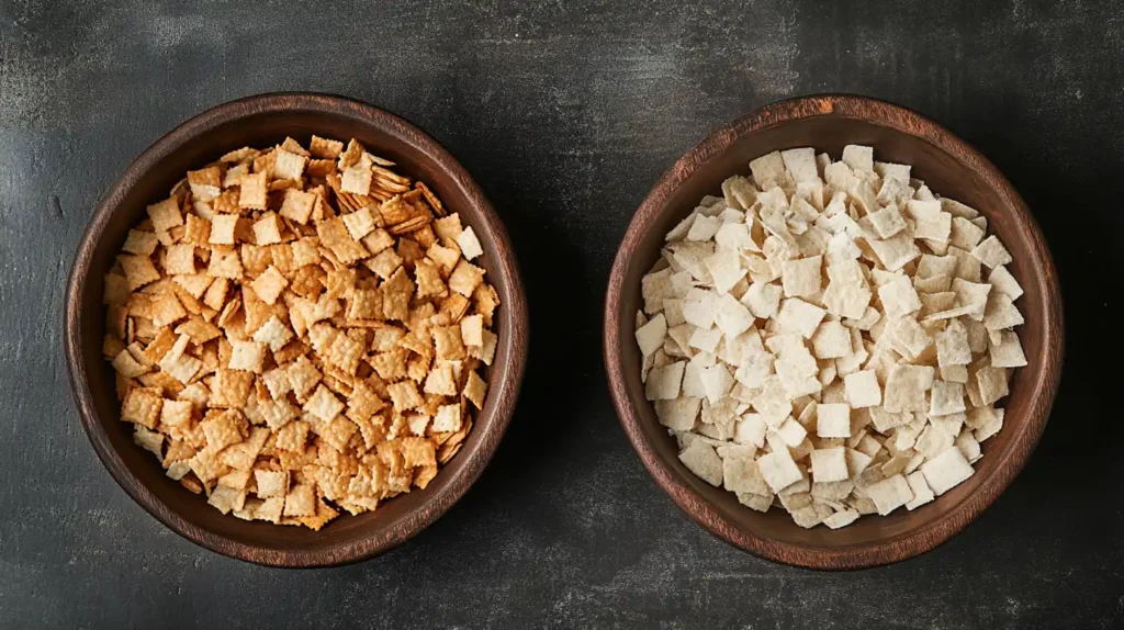 A store-bought Chex Mix bag next to a bowl of homemade Chex Mix.