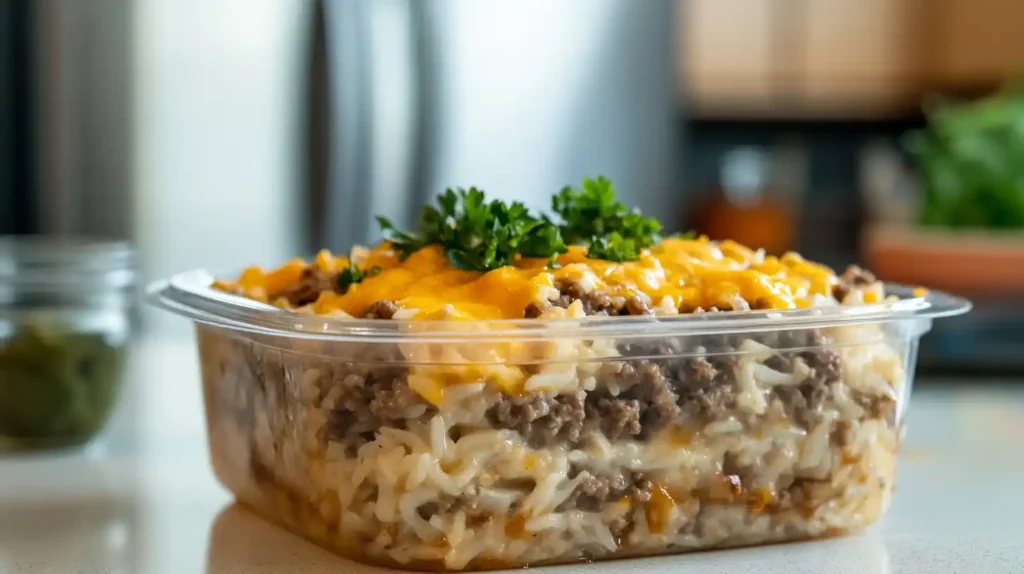 Hamburger rice casserole stored in an airtight container, ready for refrigeration.