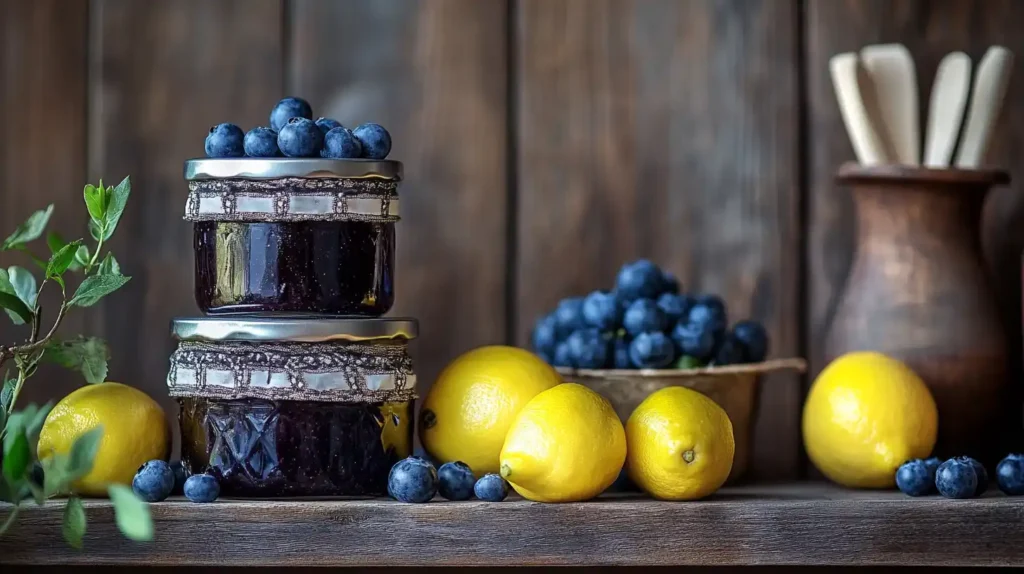 Labeled jars of blueberry preserves stacked in a pantry.