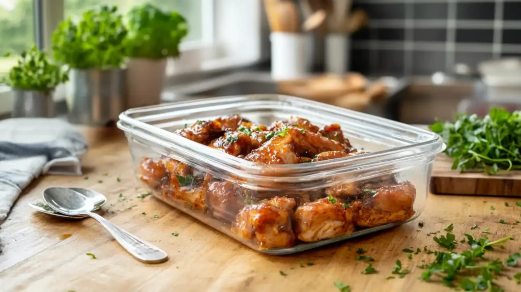 Leftover sticky chicken stored in a glass container.