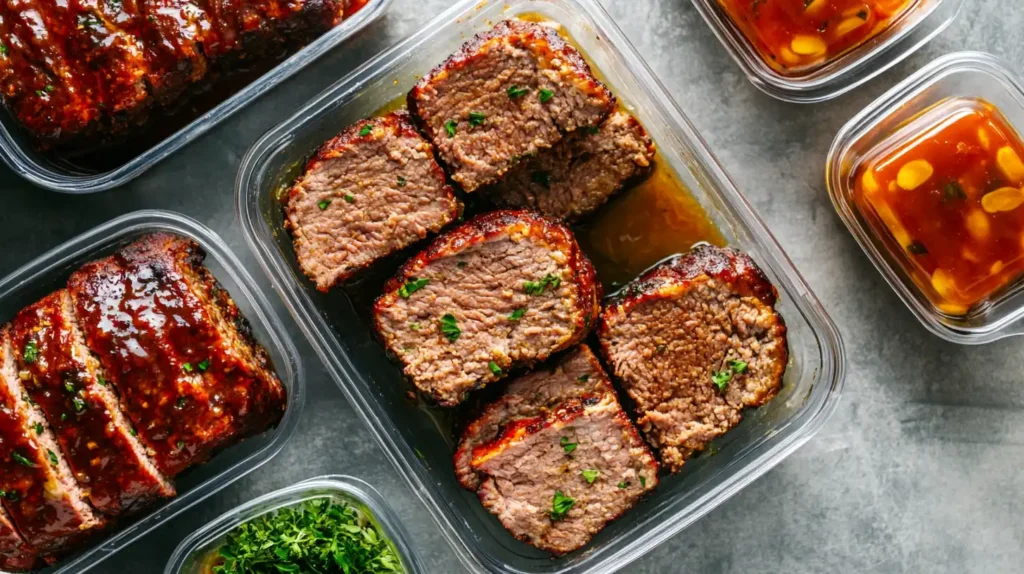 Smoked meatloaf slices packed into meal prep containers for storage